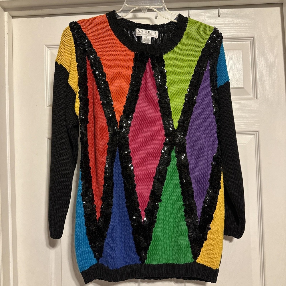 Vintage Studio Michelle Stuart Sequined Party Sweater 90s Geometric Rainbow M‎